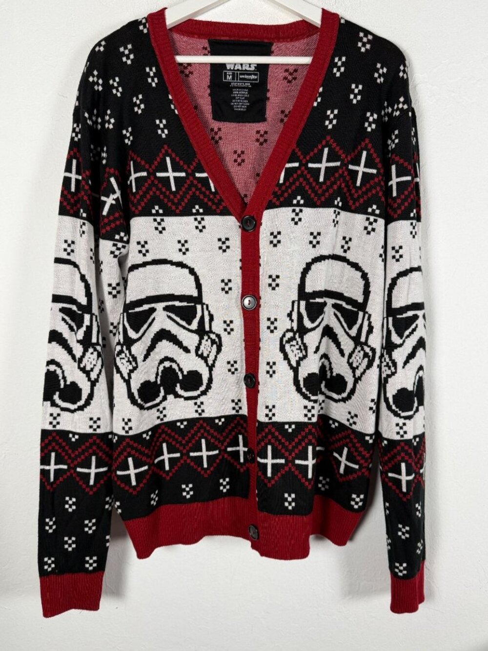 Star Wars Stormtrooper Ugly Christmas Sweater Cardigan Men Medium Black Red Knit